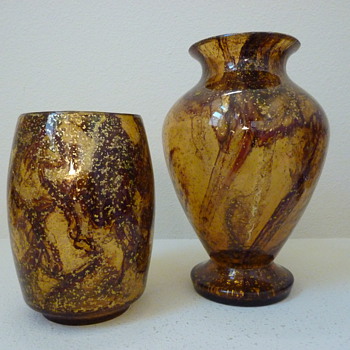 Kralik Brown ribbon and metal pair of vases - Art Glass