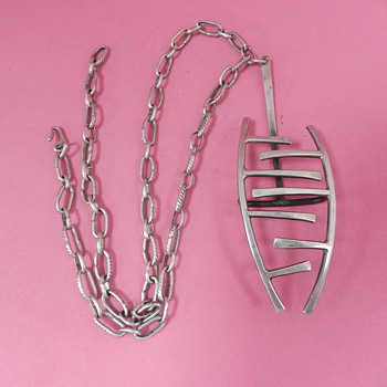 LGE OLD MODERNIST SILVER PENDANT NECKLACE SIGNED..BUT WHO?