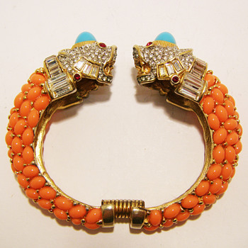 Kenneth Jay Lane Turquoise and Coral Double Tiger Bangle - Costume Jewelry
