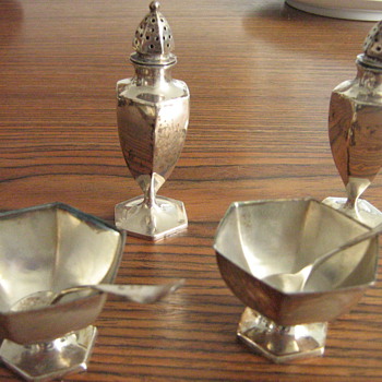 2 Sets of Antique Salt Bowl, Spoon and Pepper Shaker. Victorian.