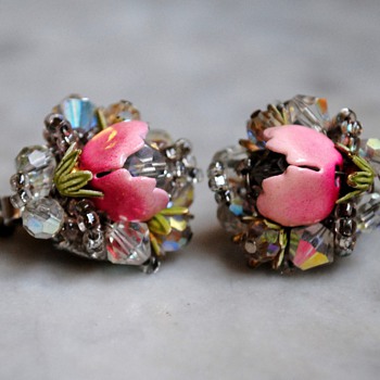 Vendome aurora borealis enamel flower earrings - Costume Jewelry