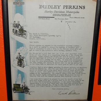 original 1934 signed letterhead /dudley perkins  harley davidson