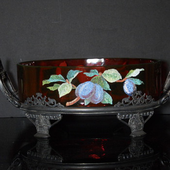 Cranberry cased in vaseline with coralene decoration. Unknown maker