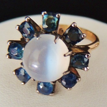 Vintage Deco Retro Cayseye Moonstone Mine Cut Sapphire 14k Rose Gold Ring
