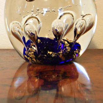 Glass Paperweight controlled bubbles blue base and gold flecks - Art Glass