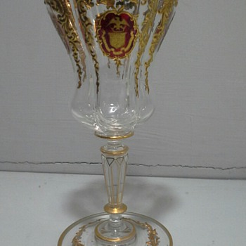 moser quatrefoil goblet with the coat of arms of the ezra p prentice family - Art Glass