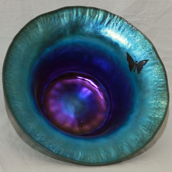 L. C. Tiffany Blue Favrile Bowl & Butterfly Art - Art Glass