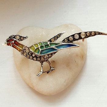 Antique silver Plique-a-jour enamel paste stones pheasant brooch. - Fine Jewelry