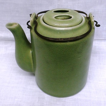 Green Pottery 5" teapot w Wire Bail and 2 Holed Lid????Origin?