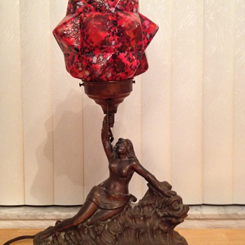 1930 Brass Lamp with Original Unique Red Glass Star Globe - Lamps