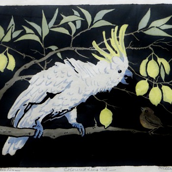 Orig. Lino-cut by Australian Artist Ursula Ridley Walker~of Cockatoo, Bird, & Lemons - Posters and Prints