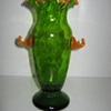 Czechoslovakia art glass vase Kralik Emerald Green with applied Orange Handles and rim