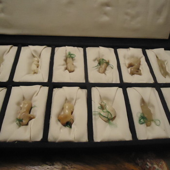 Chinese New Year, Year of Monkey! Carved stone of some kind in cloth covered wood box with ivory clasp - Asian