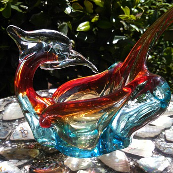 Red Clear Blue glass bird bowl - Art Glass