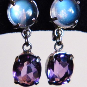 Vintage Deco Ceylon Moonstone Amethyst Binder Brothers Sterling Dangle Earrings - Fine Jewelry