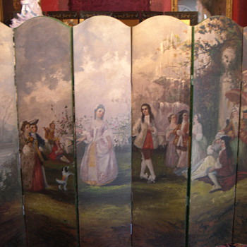 Large Victorian 6 Panel Folding Dressing Screen Hand Painted French Scene - Victorian Era