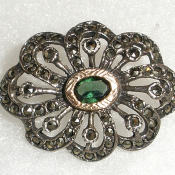 Sterling, Gold , Marcasite & ?? Green Gemstone Brooch. - Fine Jewelry