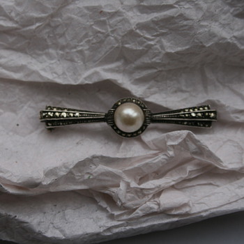Art Deco Pearl and Marcasite Silver Brooch - Fine Jewelry