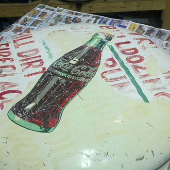'60's 36" Coke button sign I picked up, before and after a little elbow grease and wet sanding....  - Coca-Cola