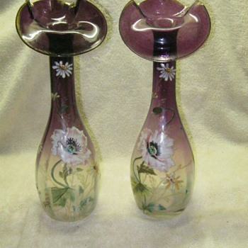 Mont Joye Legras Jack in the Pulpit Vases Amethyst to Clear Enameled  - Art Glass