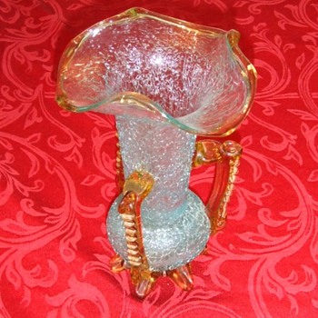 Victorian Crackle glass vase with applied amber handles and feet - Art Glass