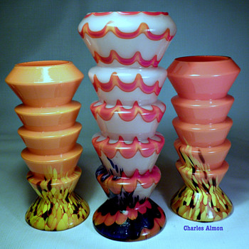 CZECH DECO SPATTER GLASS STEP VASES - Art Deco