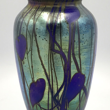 Cobalt Hearts & Vines Vase. 6.25" Tall. Unknown maker - Art Glass