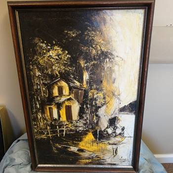 Black & Yellow Oil Based Boat Painting on Canvas signed by artist Michel