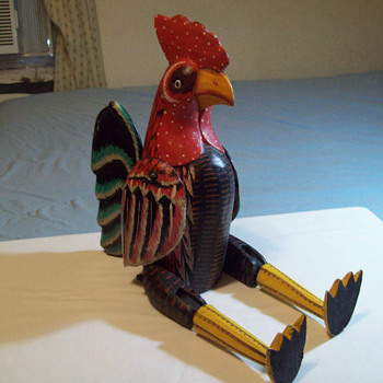 VINTAGE LARGE WOODEN ROOSTER PUPPET / STATUE WITH FLEXIBLE JOINTS 21'inches tall