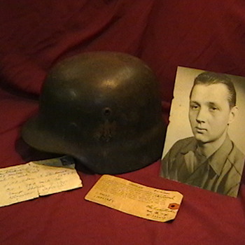 WW II German Helmet with Capture Tag, Photo, and Letter - Military and Wartime
