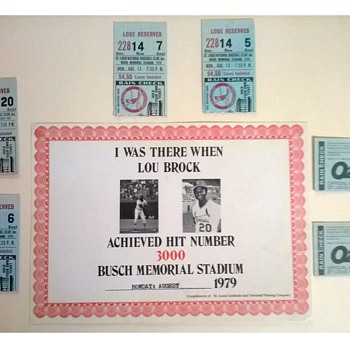 Lou Brock 3000th Base Hit Certificate and Ticket Stubs - Baseball