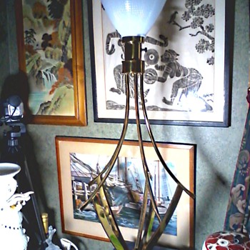 Rembrandt Brass and Teak Sculptural Table Lamp /Milk Glass Waffle Pattern Diffuser /Circa 1950's- 60's - Lamps