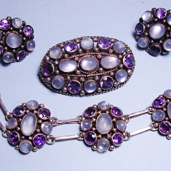 Antique Deco Moonstone Amethyst Bracelet Earring Brooch Sterling Parure - Fine Jewelry