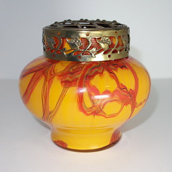Czech Glass furnace decorated vase with flower frog, 1930s - Art Glass