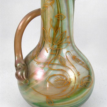 Rindskopf Enamel Serpent Handle Spiral Iridescent Vase 8.25" - Art Glass