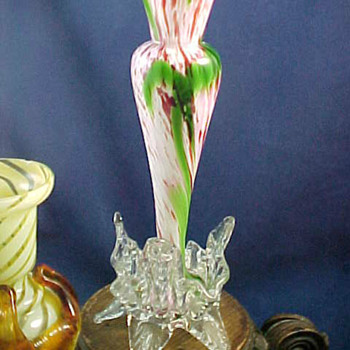Bohemian Export oxblood & green, raspberry & blue, yellow variegated, and pink variegated spatter glass vases - Art Glass