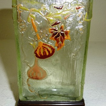 Rare early Galle with figs in a Uranium glass. Bronze snail base. 