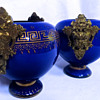 Cobalt Overlay Glass Ginger Jars with Bronze Foo Dog Handles