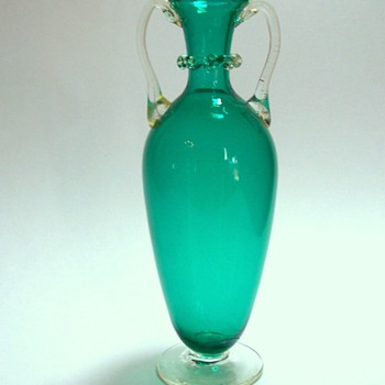 Footed Teal Glass Vase with Applied Handles - Art Glass