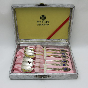 Help Identifying:  Asian Silver & Enameled Boxed Spoon Set - Asian