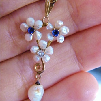 Antique Victorian Diamond Sapphire Mississippi Pearl Lavaliere 14k - Fine Jewelry