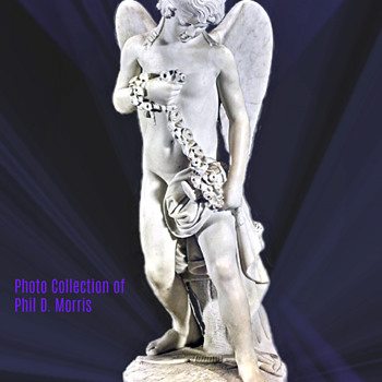 Antique Marble Statue by Joe Cormier (Joe Descomps) of Cupid With a Garland of Flowers, 32 Inches High. - Fine Art