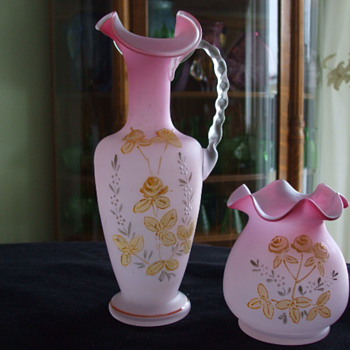Pink & White Cased Glass Rose Bowl and Ewer with Enameled Flowers- Who Dunnit?