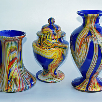 Kralik Marbled -or- Kaleidoscope Candy Dish and Vases - Art Glass