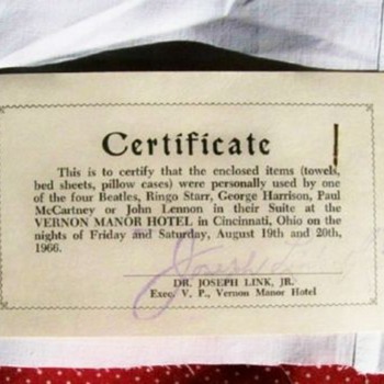 COA for the Vernon Manor sheet swatch-1966