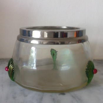 Iridescent trinket pot with applied claws and "jewels", chrome rim - Art Glass