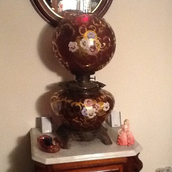 Cranberry glass enameled GWTW lamp. ... Gone with the wind