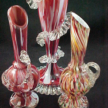 Antonin Rückl & Sons Bohemian Glass Vase & Ewers - Red lined Oxblood Red & White Spatter Glass and Rainbow Honeycomb Decor - Art Glass