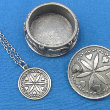 Vintage Pewter-look Set - Necklace - Pin - Earrings - In Box by Torino - Box is 1 1/8" in diameter - Costume Jewelry
