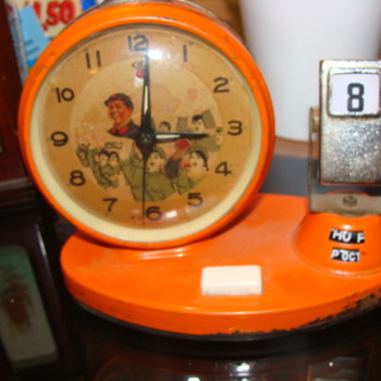 Day Date Calender Art Deco metal Alarm clock with Waving Hand  & Airplane ??? - Clocks